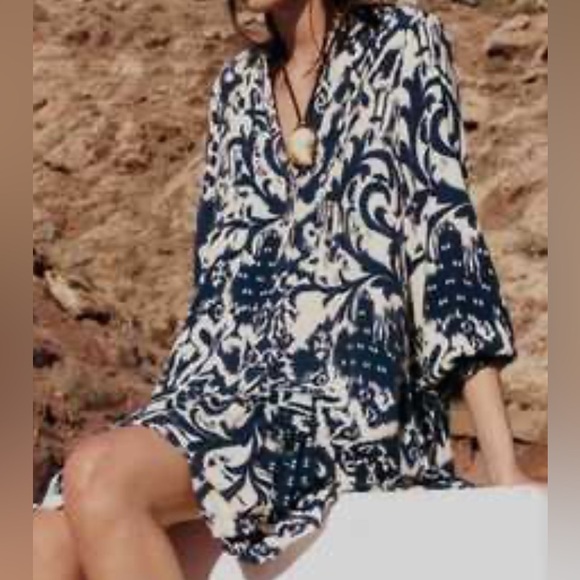 NWT Zara Bohemian Tunic Dress, oversized/flowy fit. Blue white. Sz Medium - Picture 6 of 6